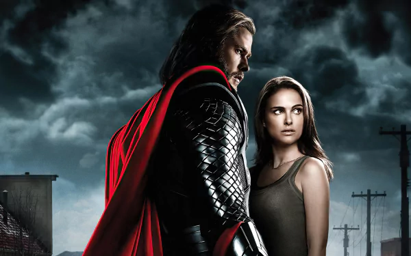 HD desktop wallpaper of Chris Hemsworth as Thor and Natalie Portman as Jane Foster from the movie Thor, set against a stormy backdrop.