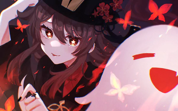 HD wallpaper of Hu Tao from Genshin Impact, featuring the character in a red and black outfit with glowing eyes, surrounded by fluttering red leaves and a ghostly white figure.