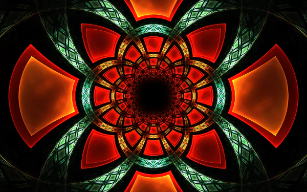 HD PC desktop wallpaper featuring an abstract fractal design with glowing red and green geometric patterns radiating from a central black void.