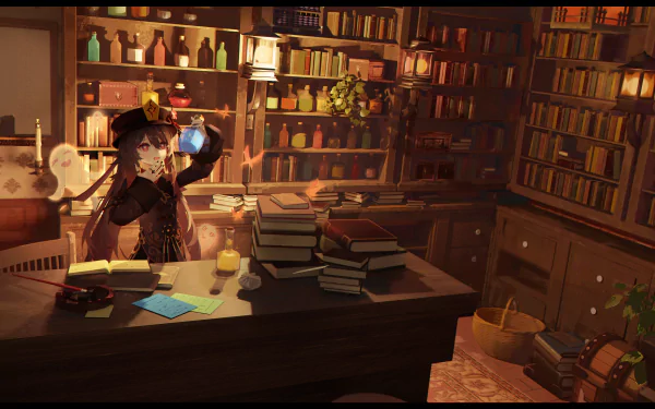 HD desktop wallpaper featuring Hu Tao from the video game Genshin Impact, depicted in a cozy, dimly lit library surrounded by books and alchemical items.