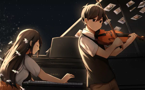 HD wallpaper featuring characters Sunny and Mari from the video game OMORI, with Sunny playing the violin and Mari playing the piano, captured under a night sky.