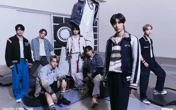 4K Ultra HD PC wallpaper of seven stylish young men posing in a studio; music-themed image, tagged ENHYPEN.