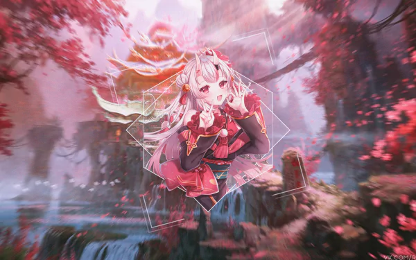 4K Ultra HD anime wallpaper featuring Nakiri Ayame from hololive, set against a vibrant, ethereal background with pink blossoms and glowing accents.