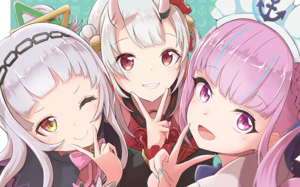 2K Quad HD PC desktop wallpaper: Nakiri Ayame, Murasaki Shion and Minato Aqua in an anime crossover of hololive and Azur Lane, three VTubers smiling and posing.
