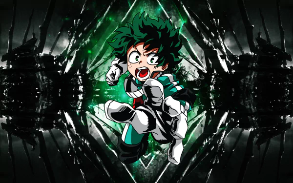 HD desktop wallpaper featuring Izuku Midoriya from My Hero Academia. The vibrant image showcases his green hair and dynamic pose against a dramatic, dark background.