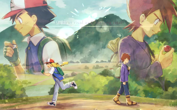 cap black hair brown hair pokeball Pikachu Gary Oak (Pokémon) Ash Ketchum Anime Pokemon HD Desktop Wallpaper | Background Image