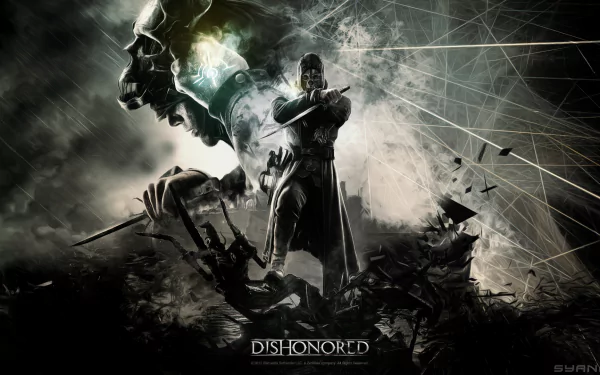 HD PC desktop wallpaper of Corvo Attano from Dishonored: masked assassin in a dark cloak, gauntlet and sword raised amid smoke, flying debris and ghostly strands of light.