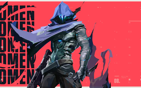Omen from the video game Valorant stands hooded with glowing teal eyes, armored and shadow-wreathed against a red backdrop with repeated OMEN text — 4K Ultra HD PC desktop wallpaper.