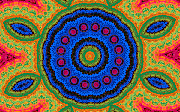 Vibrant abstract kaleidoscope design with concentric circular patterns in blue, pink, and green hues, presented as an HD PC desktop wallpaper and background.