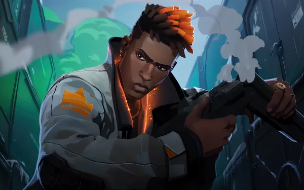 4K Ultra HD PC wallpaper featuring Phoenix from the video game Valorant, poised with a weapon in a dramatic urban setting.