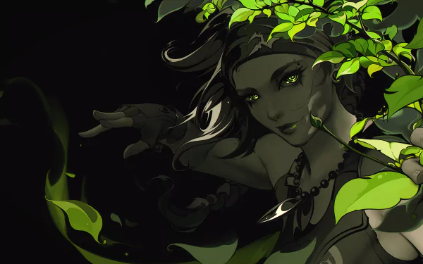 HD desktop wallpaper of Skye from the video game Valorant, featuring a detailed illustration of the character with vibrant green elements and plants.