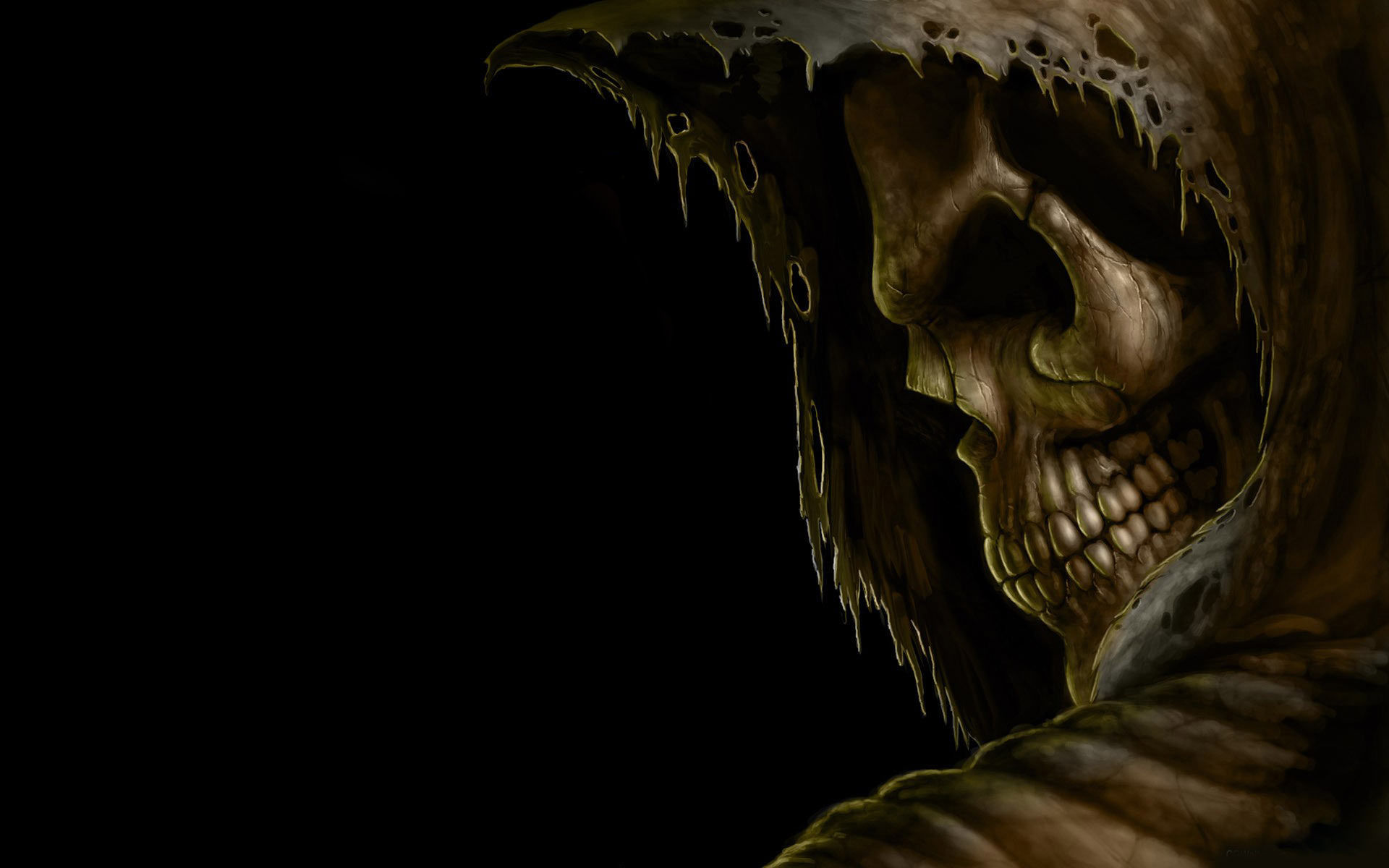 Menacing Grim Reaper against a dark backdrop - perfect for Halloween desktop wallpaper.