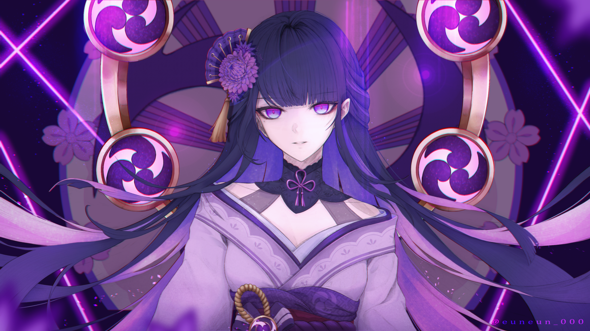 HD desktop wallpaper featuring Baal Raiden Shogun from Genshin Impact, showcasing her in vibrant, detailed artwork with a purple-themed background.