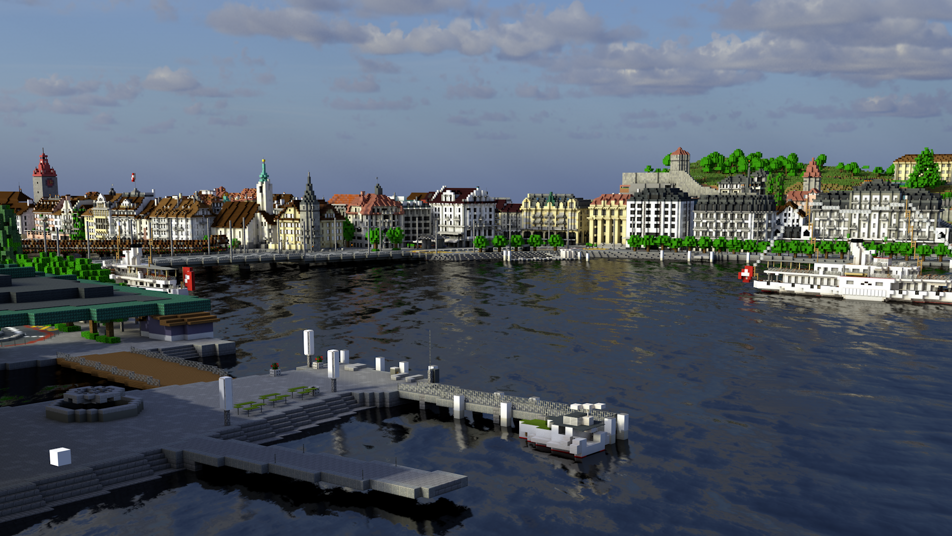 Minecraft-style HD PC wallpaper of Lucerne, Switzerland: harbor and city skyline with docks, boats and reflective water under a bright sky.