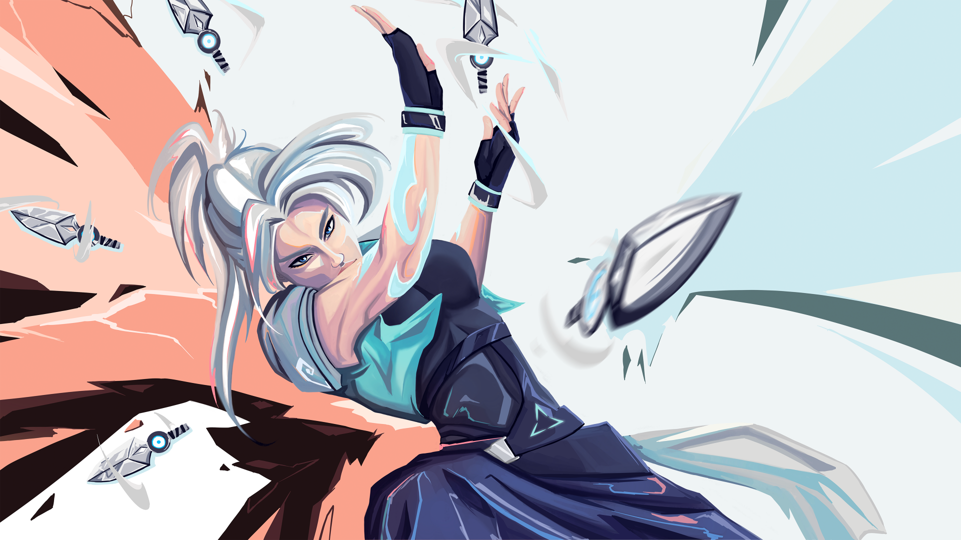 Jett from Valorant in a dynamic mid-air pose with wind blades and trailing motion, rendered as a vibrant 4K Ultra HD PC desktop wallpaper and background.