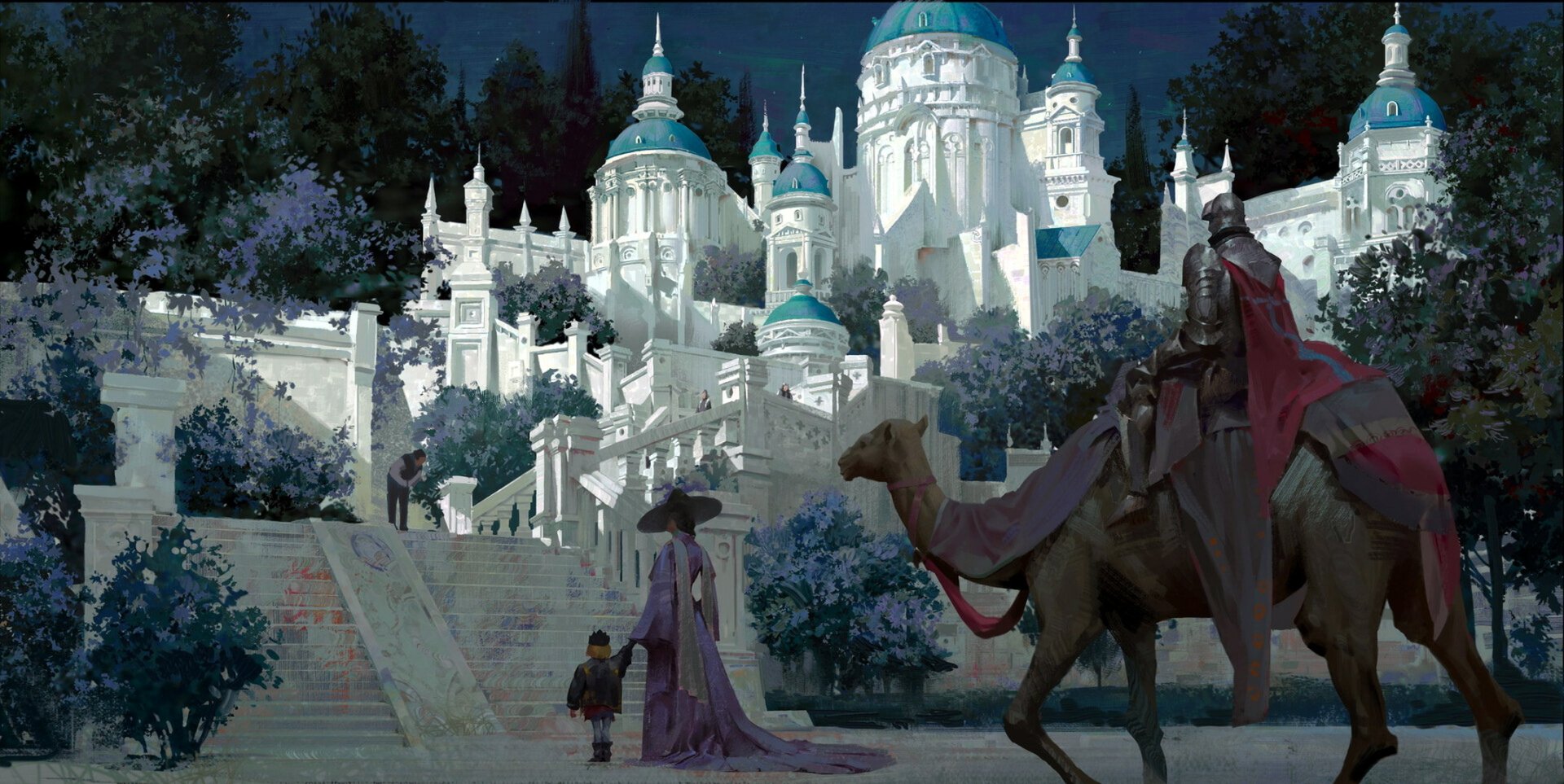HD desktop wallpaper featuring a fantasy castle with multiple towers and domes, set against a twilight sky. In the foreground, figures in robes and a rider on a camel add to the mystical atmosphere.