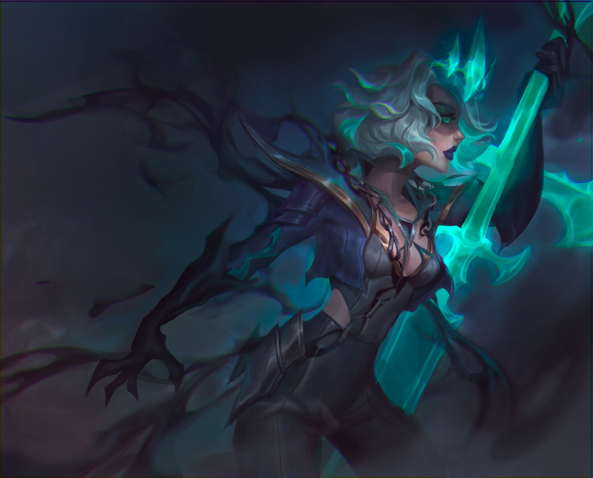 HD PC desktop wallpaper featuring Viego from the video game League of Legends, depicted with glowing teal elements and dark, shadowy tendrils.