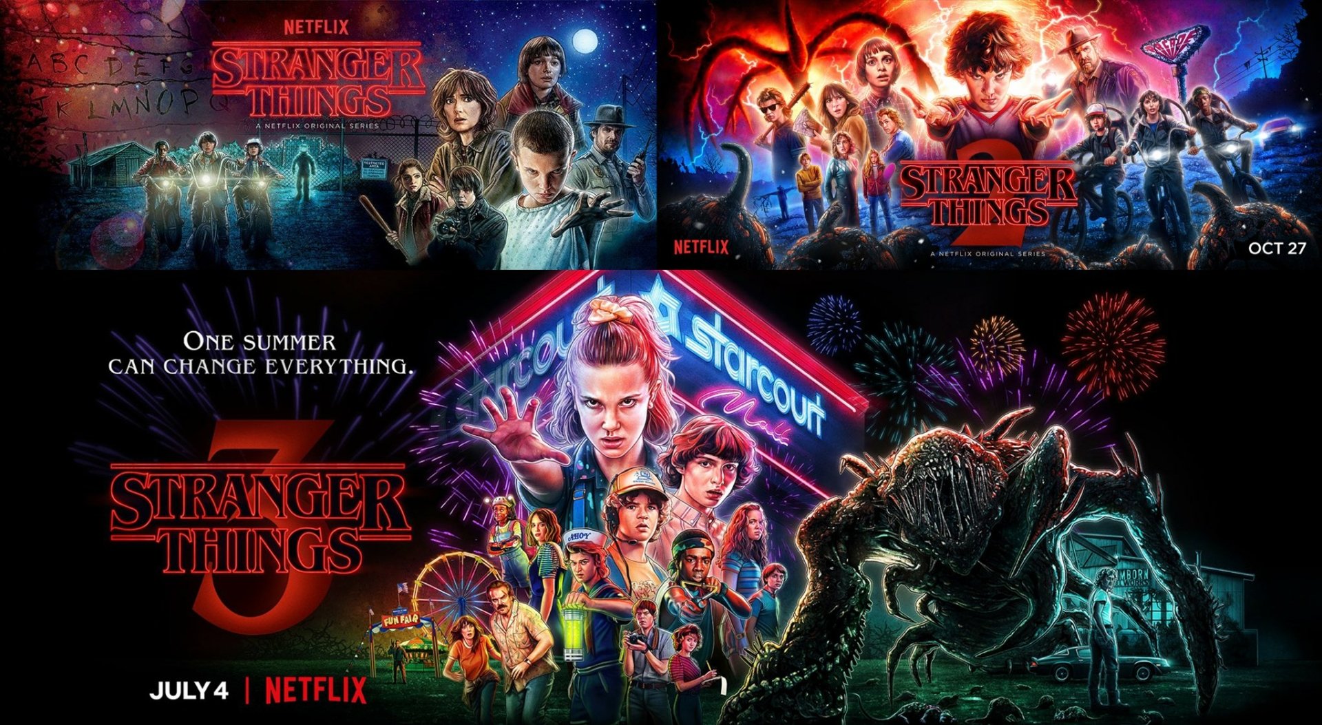 HD PC wallpaper of the TV show Stranger Things: neon 1980s collage of main characters, Starcourt sign, Demogorgon and Upside Down imagery.