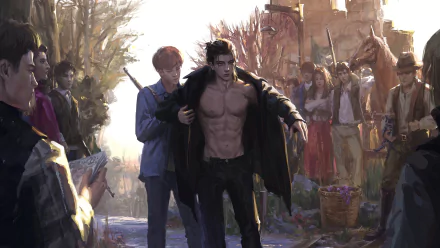 HD desktop wallpaper of Eren Yeager from Attack on Titan. The intense scene captures Eren shirtless, flanked by characters in a lively background, highlighting the anime's dramatic and emotional storytelling.