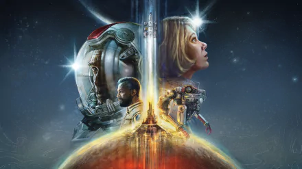 HD desktop wallpaper featuring characters and themes from the video game Starfield. The image showcases two figures: one in a spacesuit and another gazing at the stars, with a celestial background.