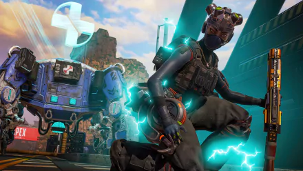 Lifeline (Apex Legends) crouches by her combat drone amid neon blue energy — HD PC desktop wallpaper/background from the Apex Legends video game.