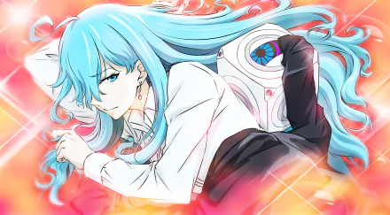 Vivy from Vivy: Fluorite Eye's Song illustrated in vibrant anime style with flowing blue hair and futuristic elements, featured as a 4K Ultra HD PC desktop wallpaper.