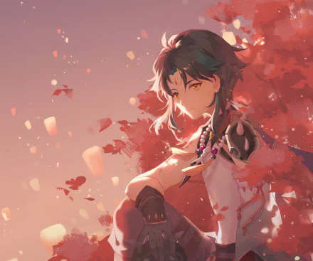 HD desktop wallpaper of Xiao from Genshin Impact, featuring a dynamic pose with a vibrant red and pink background.