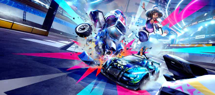 Destruction AllStars video game 2K Quad HD PC desktop wallpaper and background: explosive arena crash with colorful cars, a leaping driver and neon streaks.