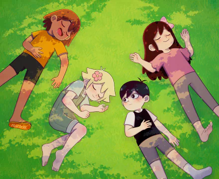 lying down sleeping Kel (Omori) Aubrey (Omori) Basil (Omori) Sunny (Omori) video game OMORI HD Desktop Wallpaper | Background Image