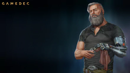 HD desktop wallpaper featuring a tough-looking character with a beard and cybernetic arm from the game Gamedec, set against a dark background.