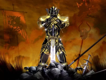 HD desktop wallpaper of the video game 'Legion: Legend of Excalibur' featuring a golden-armored knight standing over fallen enemies, with a glowing sword and battle scene background.