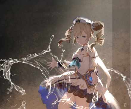 HD PC desktop wallpaper of Barbara (Genshin Impact) — video game healer summoning flowing water, bathed in soft light with detailed outfit and twin drill pigtails.