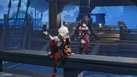 HD PC desktop wallpaper featuring Kaedehara Kazuha and Beidou from the video game Genshin Impact, set on a ship deck under a cloudy sky.