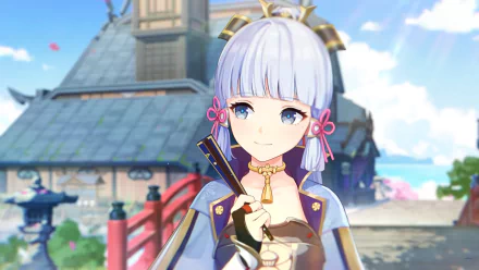 HD PC wallpaper of Kamisato Ayaka (Genshin Impact): anime-style portrait of Ayaka holding a fan with village rooftops and blue sky behind her — video game desktop background.