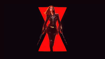 Natasha Romanoff (Black Widow) in a black tactical suit standing before a red hourglass silhouette — 5K Ultra HD movie PC desktop wallpaper.