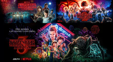 HD PC wallpaper of the TV show Stranger Things: neon 1980s collage of main characters, Starcourt sign, Demogorgon and Upside Down imagery.