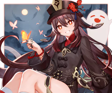 HD PC desktop wallpaper of Hu Tao from the video game Genshin Impact: smiling in her signature hat and dark outfit, holding a glowing butterfly with a playful ghost companion.