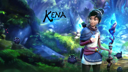 4K Ultra HD PC desktop wallpaper of Kena from the video game Kena: Bridge of Spirits — Kena with a glowing staff in a lush, mystical forest surrounded by small rot companions.