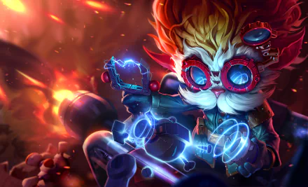 Heimerdinger (League of Legends video game) — goggled yordle inventor firing crackling blue gadgets amid fiery sparks; 5K Ultra HD PC desktop wallpaper.
