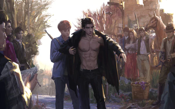 HD desktop wallpaper of Eren Yeager from Attack on Titan. The intense scene captures Eren shirtless, flanked by characters in a lively background, highlighting the anime's dramatic and emotional storytelling.