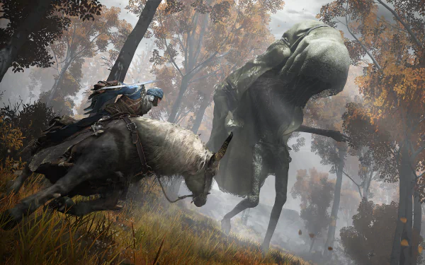 4K Ultra HD Elden Ring PC wallpaper depicting a mounted warrior facing a towering, ghostly figure in a misty forest with autumn foliage.