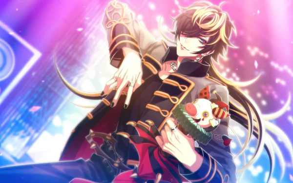 HD anime wallpaper featuring Jyushi Aimono from Hypnosis Mic, depicted in dynamic pose with vibrant, glowing background elements on a PC desktop screen.