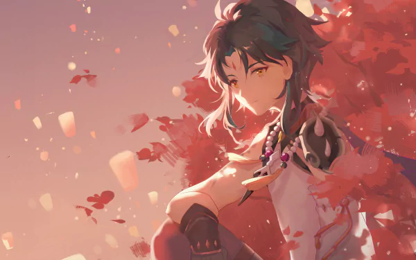 HD desktop wallpaper of Xiao from Genshin Impact, featuring a dynamic pose with a vibrant red and pink background.