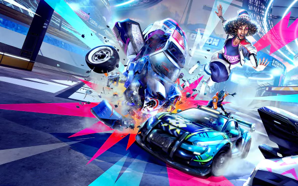 Destruction AllStars video game 2K Quad HD PC desktop wallpaper and background: explosive arena crash with colorful cars, a leaping driver and neon streaks.