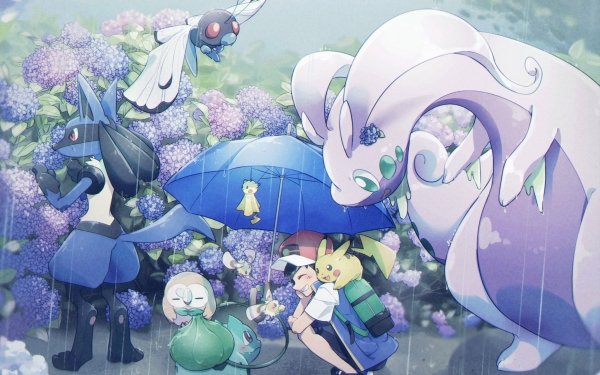 Anime Pokémon Ash Ketchum Pikachu Bulbasaur Cutiefly Lucario Rowlet Umbrella Rain Butterfree HD Wallpaper | Background Image