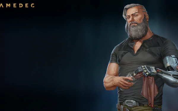 HD desktop wallpaper featuring a tough-looking character with a beard and cybernetic arm from the game Gamedec, set against a dark background.