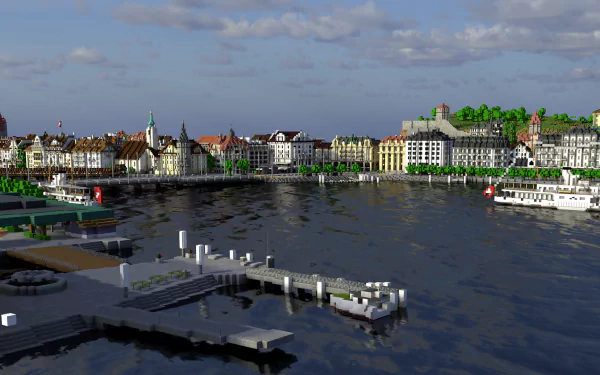Minecraft-style HD PC wallpaper of Lucerne, Switzerland: harbor and city skyline with docks, boats and reflective water under a bright sky.