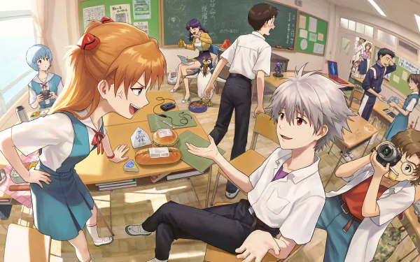 Group picture of Neon Genesis Evangelion characters Shinji, Asuka, Rei, and others in school uniforms. Settings include HD desktop wallpaper and background.