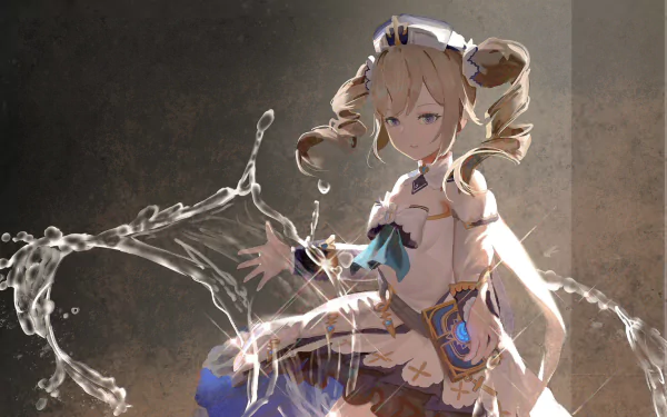 HD PC desktop wallpaper of Barbara (Genshin Impact) — video game healer summoning flowing water, bathed in soft light with detailed outfit and twin drill pigtails.