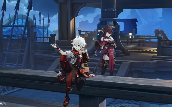 HD PC desktop wallpaper featuring Kaedehara Kazuha and Beidou from the video game Genshin Impact, set on a ship deck under a cloudy sky.